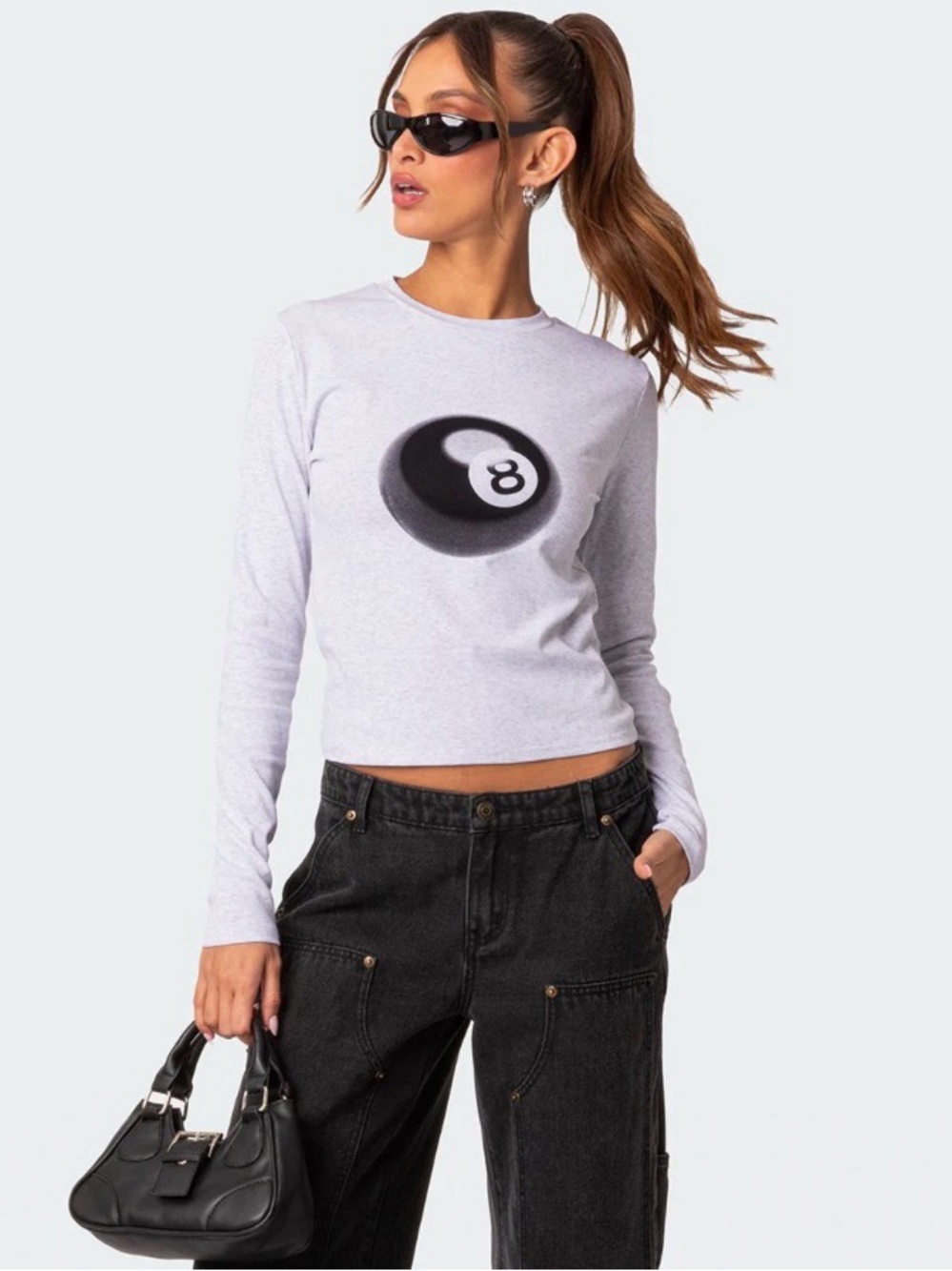 Edikted White Long Sleeve Crop Top with 8-Ball Graphic